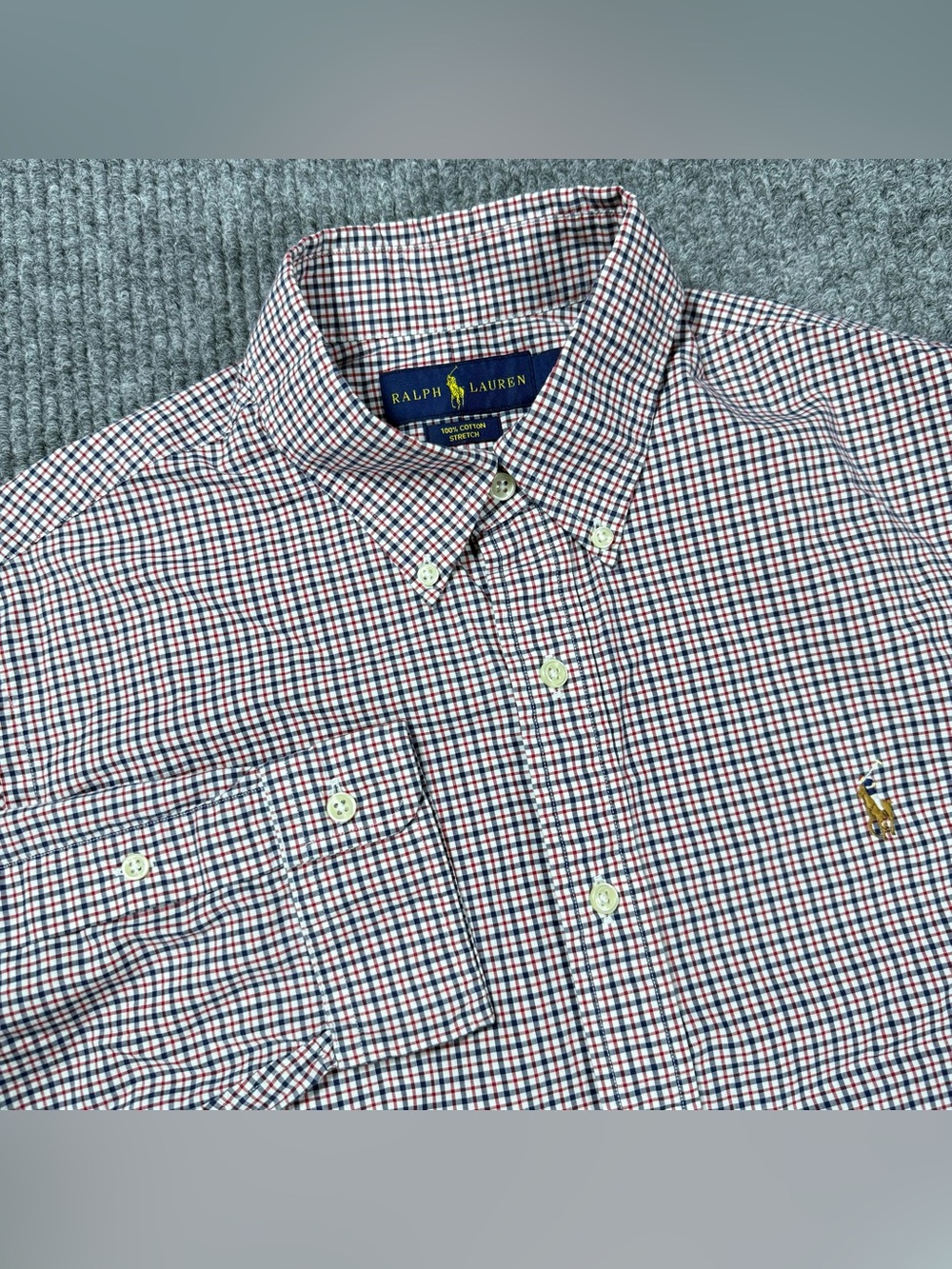 Ralph Lauren Shirt Mens Large Red Navy Micro Check Long Sleeve Flesh Pony